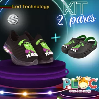 KIT 2 PARES PLOC - 1 TÊNIS LED + 1 BABUCHE HULK (LED59 - PRETO HULK BABY + Bab59 Hulk Baby - Preto) em Oferta na Shopee