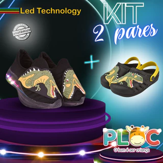 KIT 2 PARES PLOC - 1 TÊNIS LED + 1 BABUCHE DINO (Bab39 Dino Rex - Preto + LED39 - PRETO DINOSAURO REX) em Oferta na Shopee