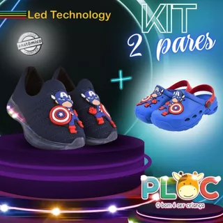 KIT 2 PARES PLOC - 1 TÊNIS LED + 1 BABUCHE CAPITÃO BABY (LED50 - MARINHO CAPITÃO BABY + Bab50 - Capitão Baby - Azul) em Oferta na Shopee