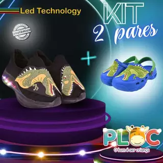 KIT 2 PARES PLOC - 1 TÊNIS LED + 1 BABUCHE DINOSSAURO REX  (LED39 PRETO + Bab39 DINO REX ROYAL) em Oferta na Shopee