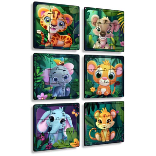 kit 6 quebra cabeça infantil mdf safari animal educativo 60 peças jogo colorido madeira em Oferta na Shopee