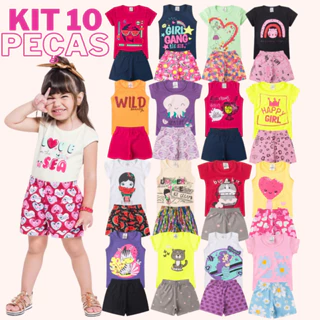 Kit Sortido 10 Peças Roupas Infantil Menina - 5 Camisetas + 5 Bermudas - Kit com 5 Conjuntos Verão