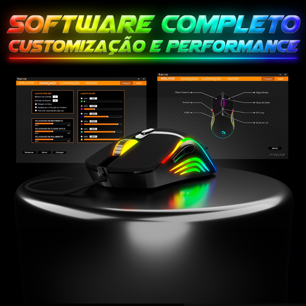 Mouse Gamer Fade LED RGB 8000DPI com Software 7 Botões Programáveis DPI ...