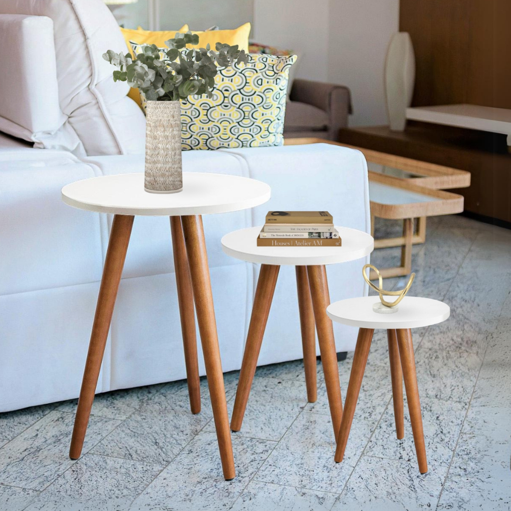 Kit Trio Jogo de Mesinhas Lateral Redondas Sala Pé Palito Retro