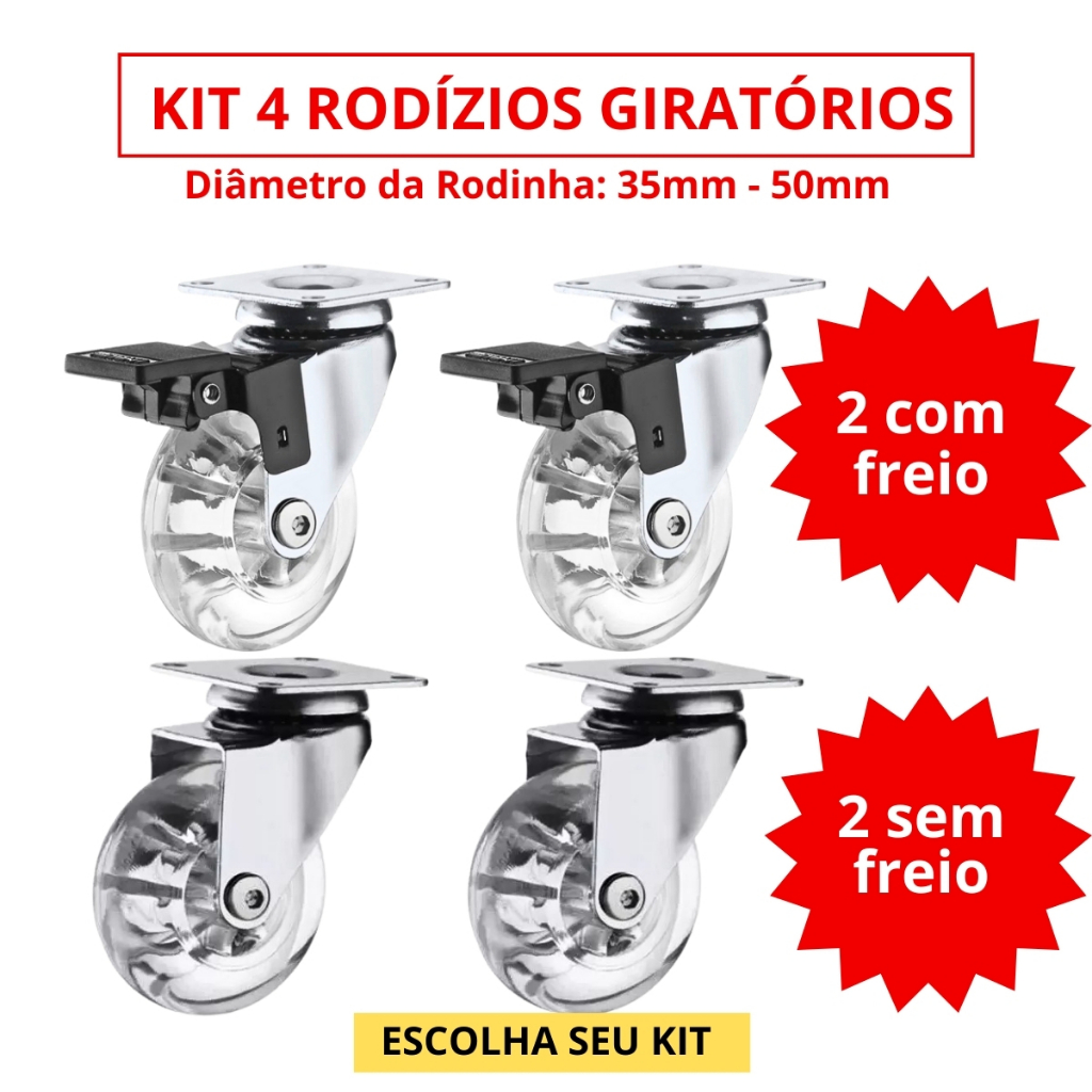 Kit 4 Rodizio Giratório Gel Rodinha Silicone 2 Com Trava 2 Sem Trava - 35mm 50mm