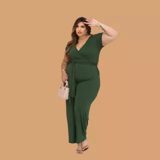 Macacão Feminino Plus Size Soltinho Decote V Com Cinto Ajustavél Moda Elegante
