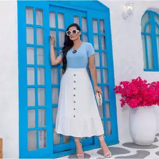 SAIA LONGA CASUAL EM CREPE FLOW, BOTÕES FAKE, FORRADO, MODA SOCIAL E EVANGÉLICA