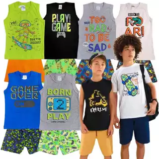 Kit 10 Peças de Roupa Infantil Menino Verão Masculino Juvenil Camiseta Regata e Short 1 ao 16