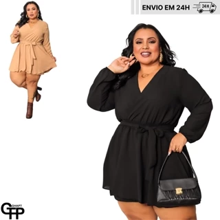Vestido Macaquinho Plus Size Decote V Traspassado Manga Longa Curve
