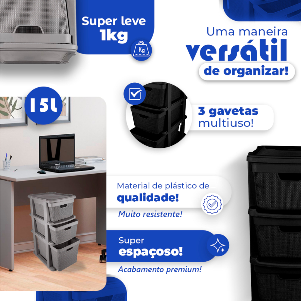 Gaveteiro Organizador de Chão com 3 Gavetas em Plástico Jutta 15