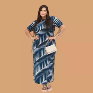 Vestido Longo Plus Size Moda Evangélica com Fenda na Cor Azul Linhas Verão do 44 ao 60 moda curve