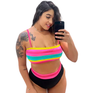 Biquíni Feminino Top Retinho Plus Size Hot Pant Cintura Alta Com Forro e Bojo - Biquini Hot Pants Feminio