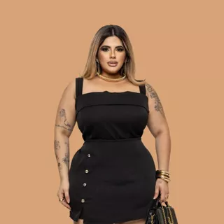 Conjunto Femnino Alfaiataria Plus Size 2 Peças Cropped e Shorts Saia Com Detalhes Botão Dourado Veste G1 Luxuoso