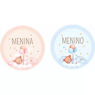 KIT 100 ADESIVOS CHÁ REVELAÇÃO MENINA OU MENINO URSINHO BALÃO FOFO