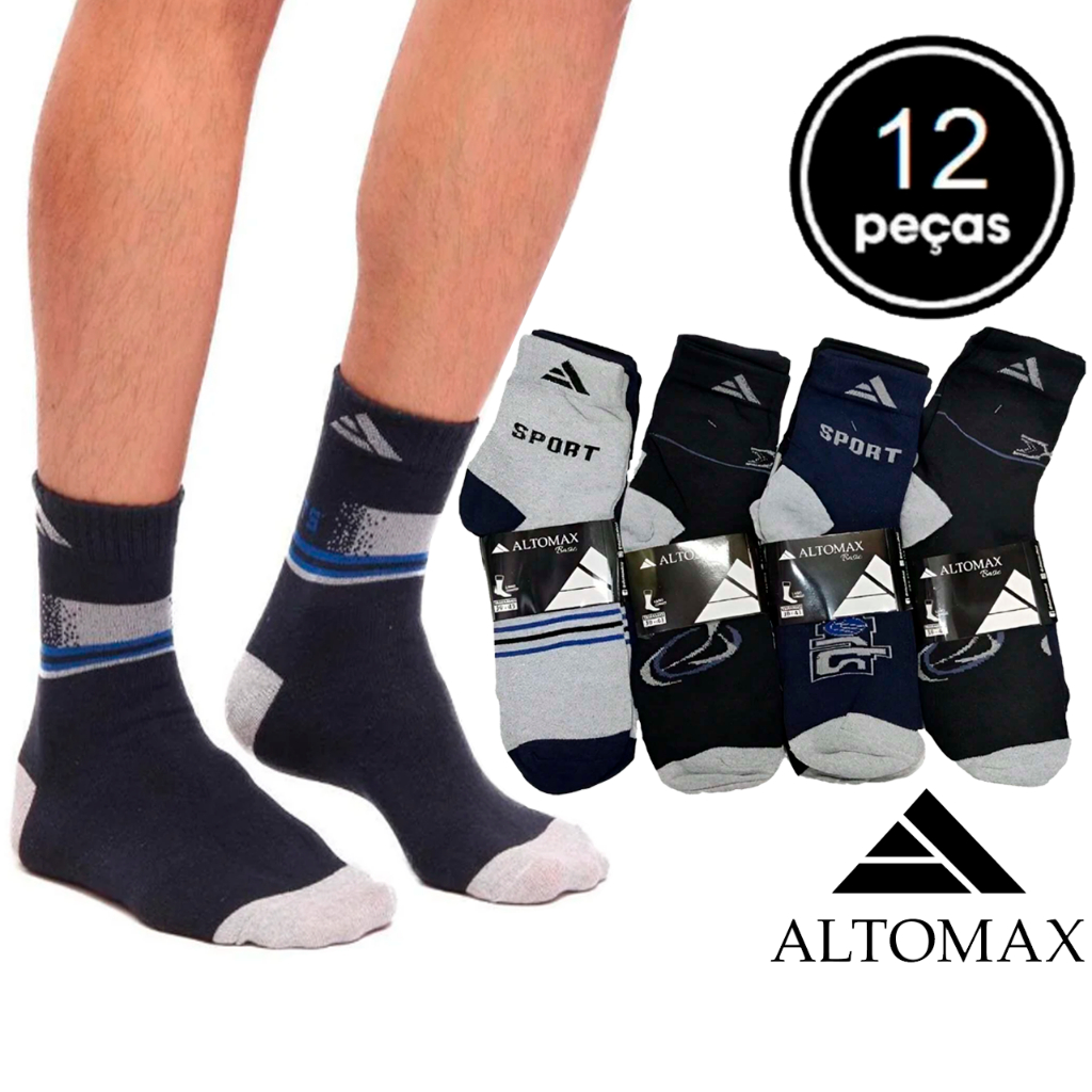Kit 12 Pares de Meias Masculina Cano Longo AltoMax Tecido Grosso ...