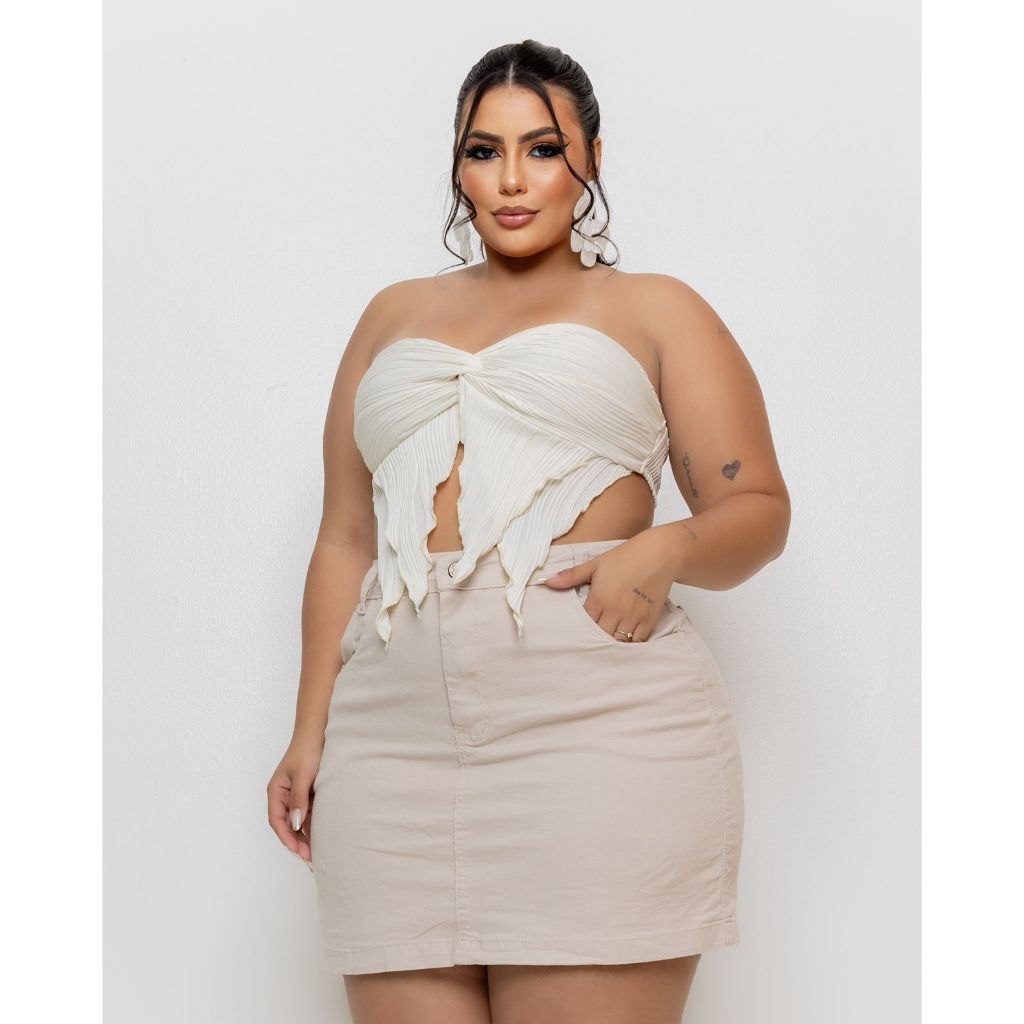Saia Jeans Feminina Plus Size Bege com Lycra | Shopee Brasil