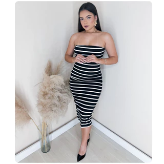 Vestido Feminino Midi Longo Tomara que Caia Listrado Ribana Canelado Premium Com Fenda - Tendência