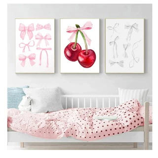Quadros decorativos Rosa preto e cinza engraçado Cartoon Bow Art Poster, cereja (3 peças)