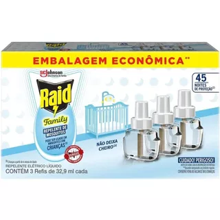 Refil Repelente Elétrico Líquido Raid Family 45 Noites Com 3 Unidades de 32,9mL