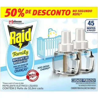 Refil Repelente Elétrico Líquido Raid Family 45 Noites 2 Refis de 32,9mL