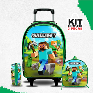 Kit Mochila escolar Minecraft com Lancheira e Estojo - Rodinha - Menino - Masculino - 3 peças