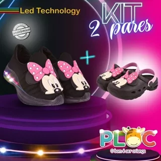 KIT 2 PARES PLOC - 1 TÊNIS LED + 1 BABUCHE MINNIE PRETO (LED03 PRETO + BAB03 PRETO - MINNIE LAÇO ROSA ) em Oferta na Shopee