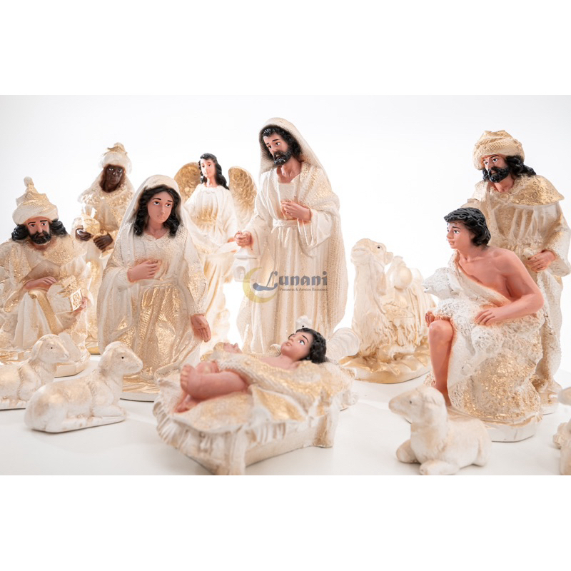 Presépio de natal 15 peças completo com 22cm de altura dourado decoração de natal natalino