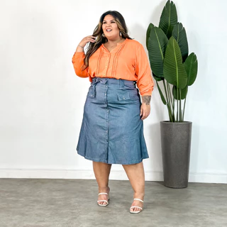 Saia de Bengaline Jeans Cinza Plus Size