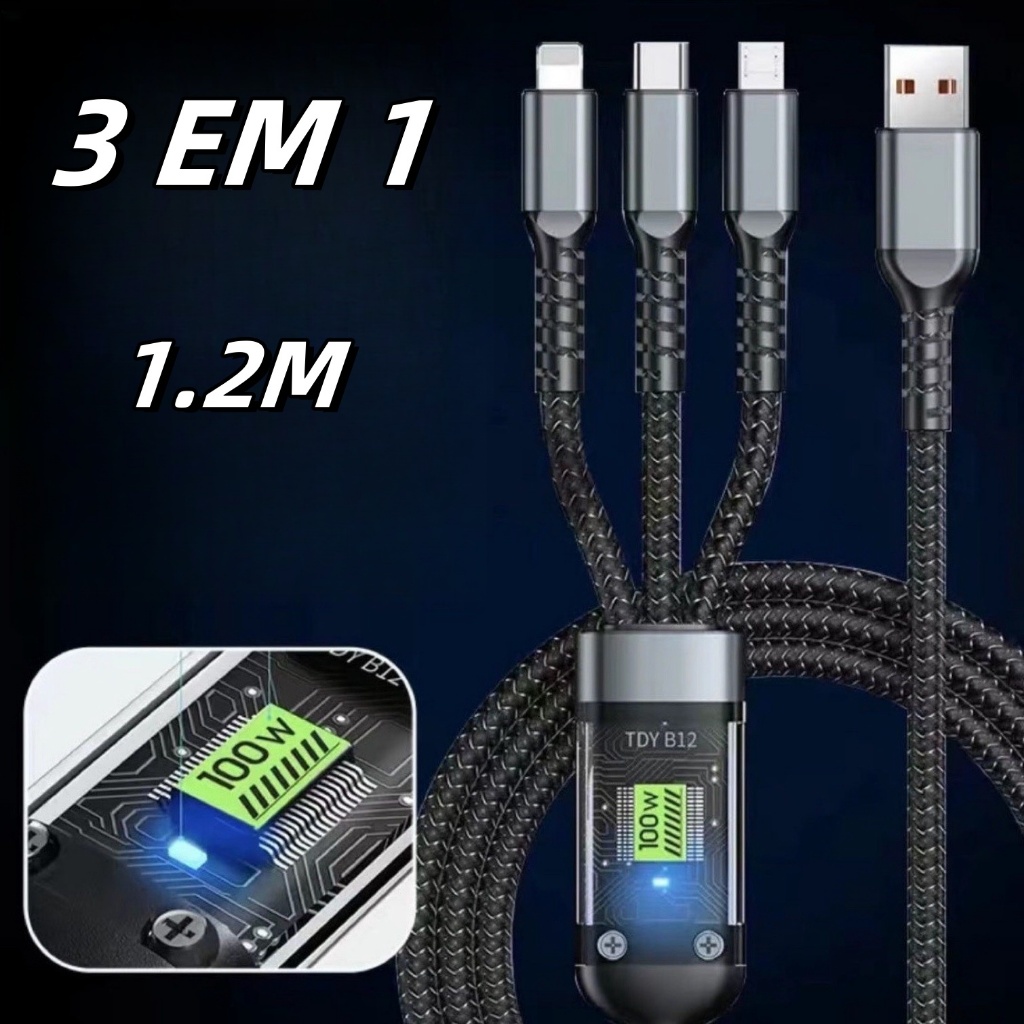 Cabo de dados três em um cabo de carregamento ultrarrápido para V8 Micro USB Tipo C 1.2m -MA0804
