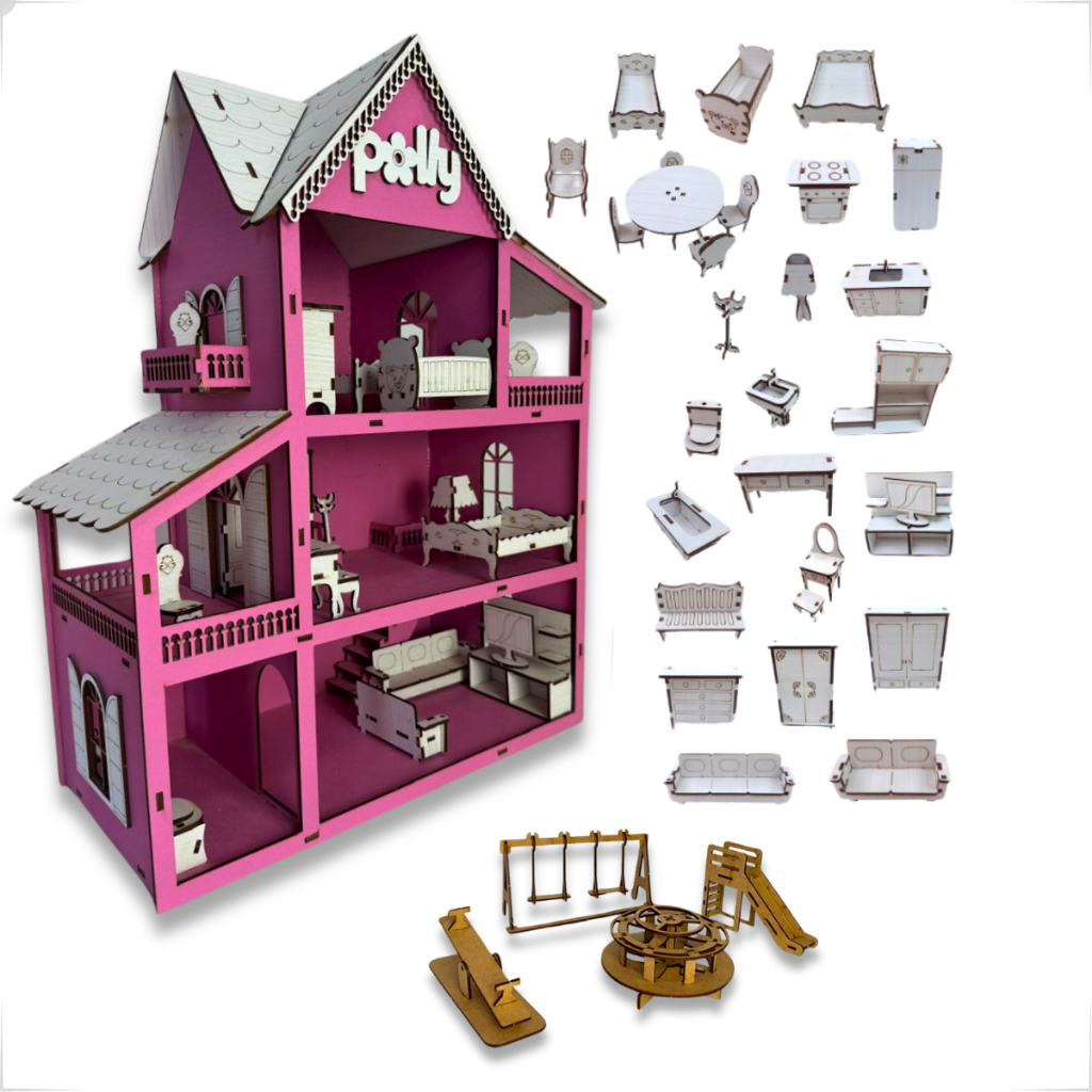 Casa Boneca Polly Infantil Kit Móveis e Parquinho Casinha Mdf Completa ...