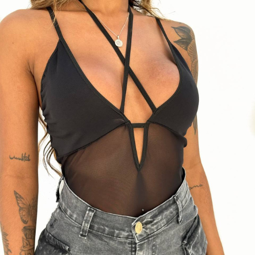 AM MODAS FEMININA Body com Alcinha no Tecido Tule moda festa look sexy gringo