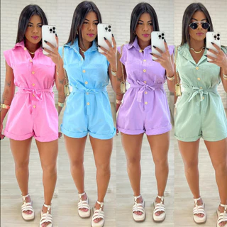 Macaquinho Feminino Linho Virginia com Botões Curto Moda Verão