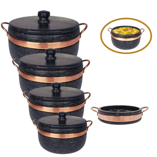 Jogo 4 Panelas (3L + 1.5L + 800ml + 500ml) + Frigideira P pedra sabão Arte Nativa