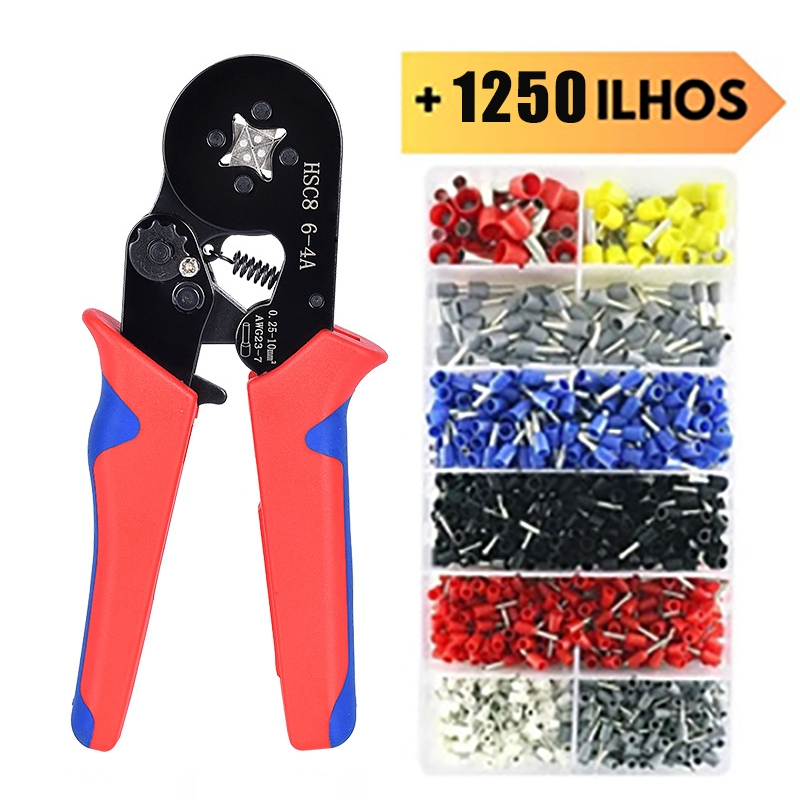 Alicate Crimpar Prensa +Box Com 1250Terminal Ilhos Tubolar 0,25 Até 10mm HSC8 6-4A