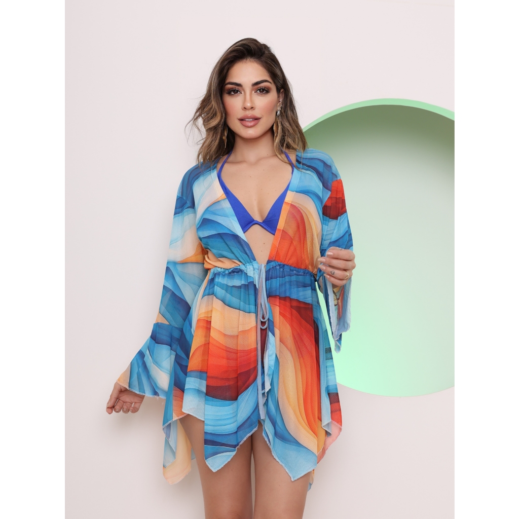 Saida de Praia Curta Estampada Tule Arrastão Babados Kimono Cardigã Vestido Floral Chic Luxo Verão