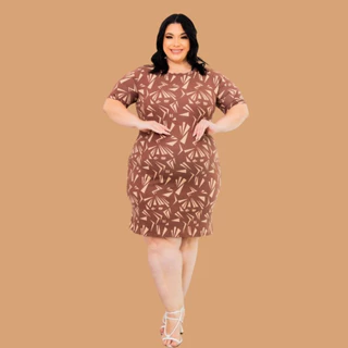 Vestido Plus Verão Janeiro confortável básico GG G1 moda curve curvy liso Camisetão Camisão Plus size Marrom Triângulos