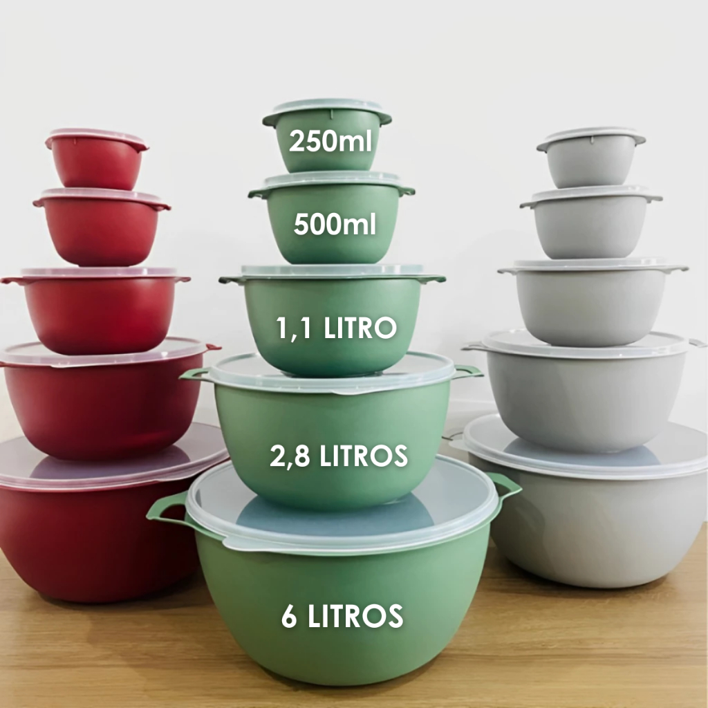 Kit 5 Potes Vasilha Plástica Alimentos Tampa Cozinha Bowl com Tampa Até 6 Litros