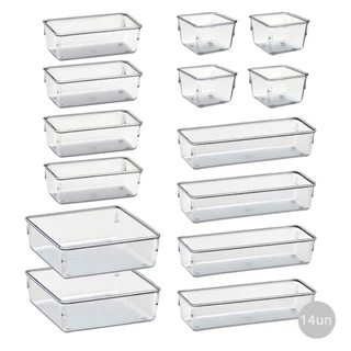 Bandejas Organizadoras de Gavetas Acrílico transparente para Maquiagem, Mesa de Escritório, Banheiro, Quarto, Cozinha, conjunto com 7, 10 e 14 unidades