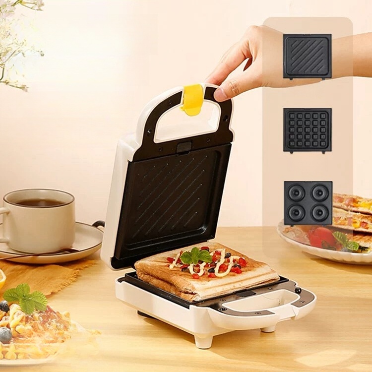 3 em 1 Elétrica Antiaderente Sanduicheira e Waffles/Donuts 650w Grelha Removível Portátil - F-608