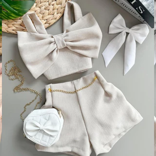 2 ao 14 Conjunto linho Infantil roupa juvenil menina cropped laço moda blogueirinha verão