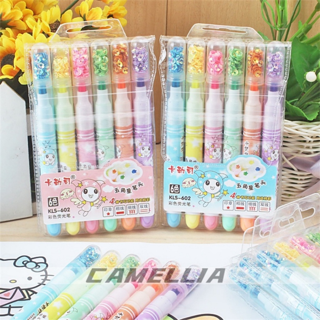 Kit de 6 Cores - BrilhaStar - Canetas Coloridas Fluorescentes com Ponta de Estrela