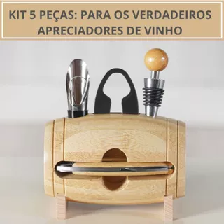 Kit Vinho Pipa Barril 5 Peças Suporte Bambu Dosador Abridor Rolha Para Apreciar Seus Vinhos