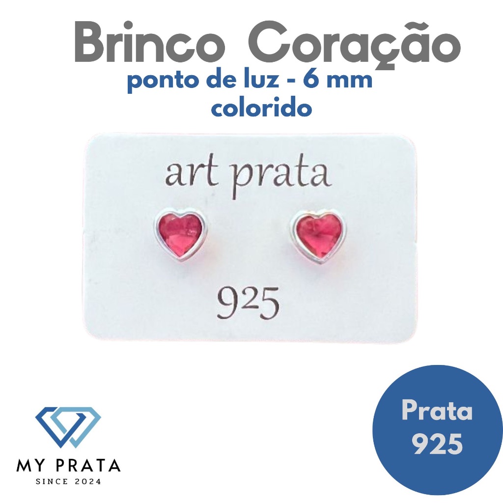 Brinco Coração Ponto de luz 6mm Prata 925 Cravação Inglesa