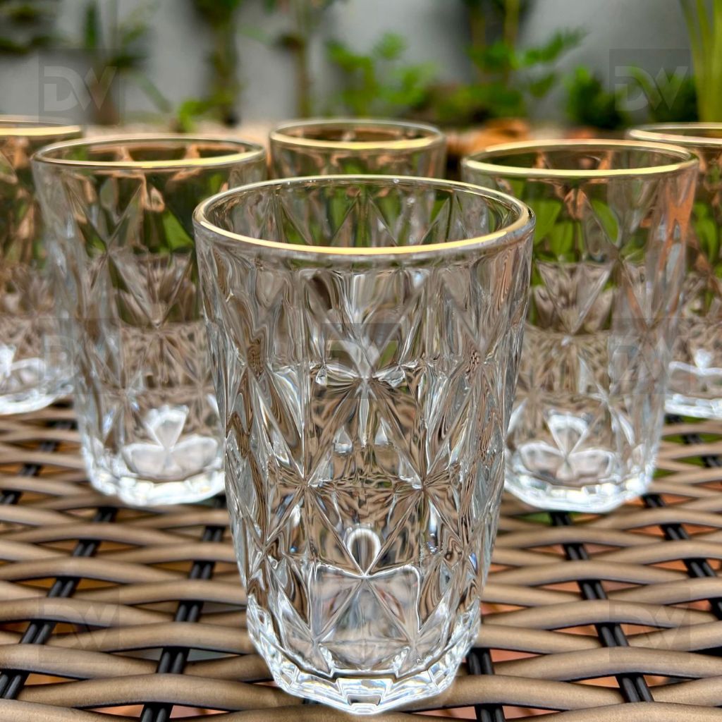 Jogo 6un Copos Diamond Diamante Transparente com Borda Dourada Borda de Ouro 350ml