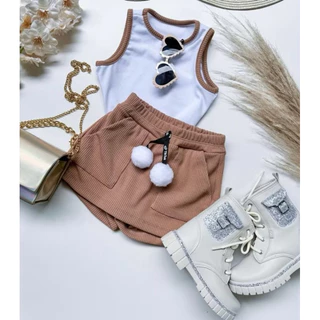 Conjunto Infantil Cropeed Shorts Saia Canelado Tendencia Infantil Juvenil Fashion Verão Bloguerinha
