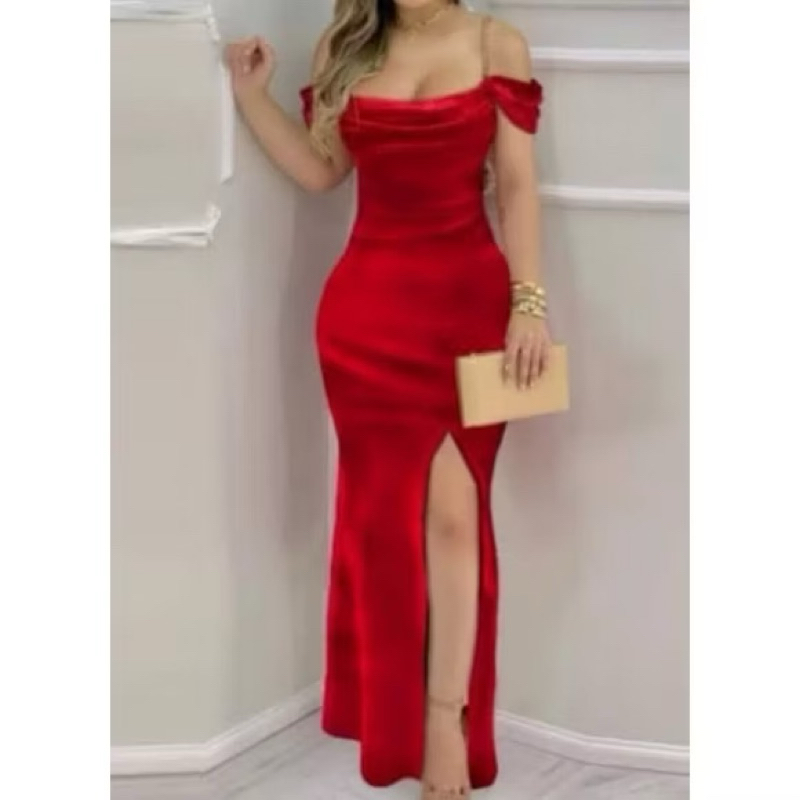 Vestido Longo Aveludado Vermelho Feminino Lindo Debutante Alfaiataria Elegancia Gala Decotado