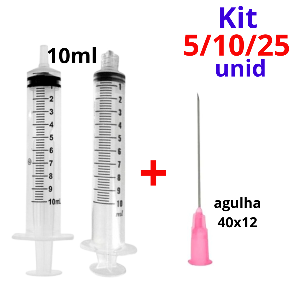 Seringa 10ml Bico Liso ou Rosca Com Agulha 40x12 - Kit com 5/10/25 Unid ...