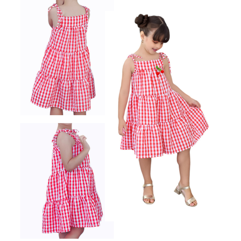 Vestido infantil 3 marias com aplicação cereja menina xadrez
