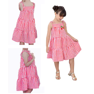 Vestido infantil 3 marias com aplicação cereja menina xadrez