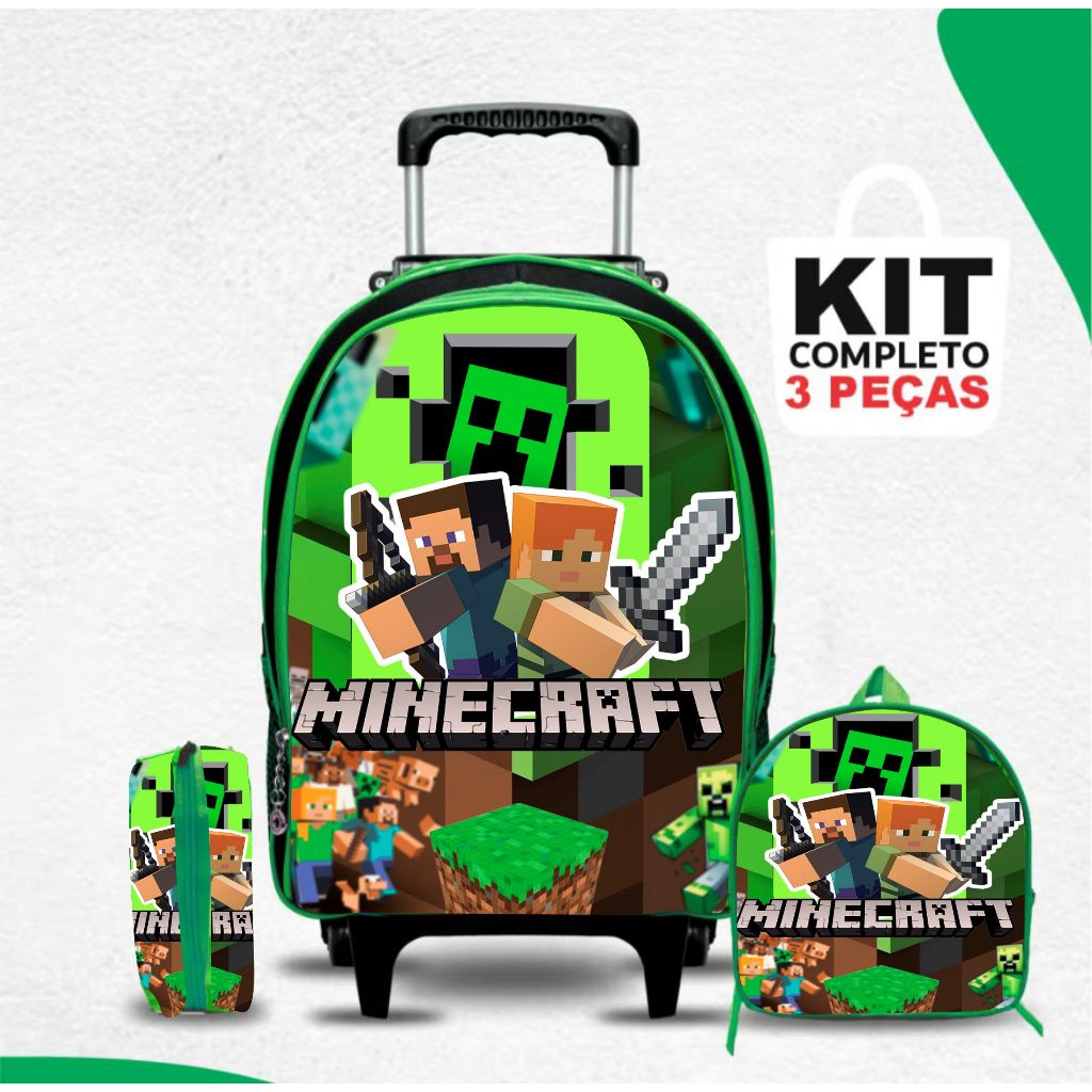 Kit mochila escolar infantil do Minecraft com lancheira e estojo